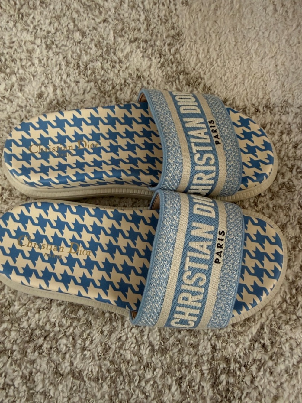 Christian Dior Light Blue and White Houndstooth Slide Sandals - Picture 5 of 8